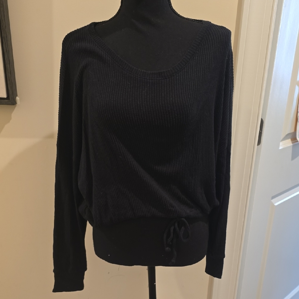 Express Black Ribbed Knit Top W/ Tie At Waist